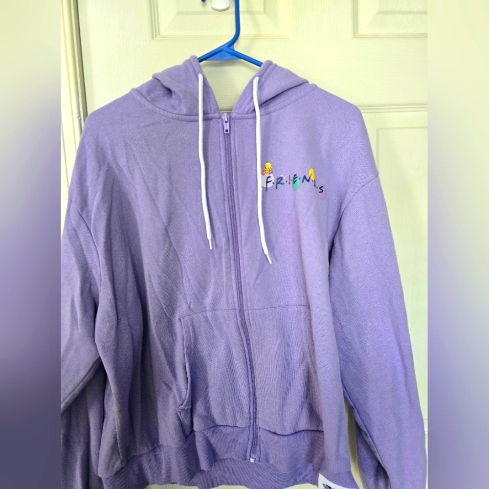 This is a Warner Bros. 100 Friends Looney Tunes purple zip-up hoodie. 